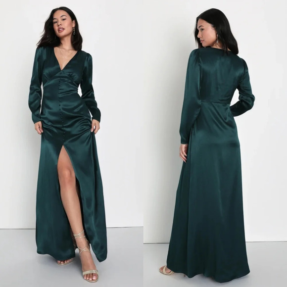 Lulus Lovely Essence Emerald Green Satin Long Sleeve Maxi Dress XS Wedding Party - Picture 1 of 12